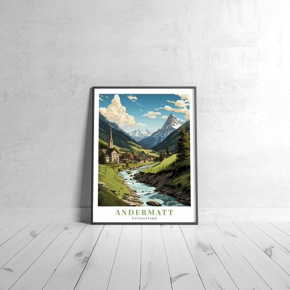 Andermatt Switzerland Vintage Alpine Village River Travel Poster