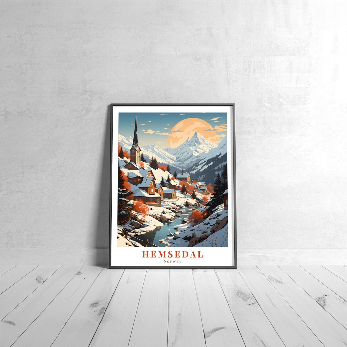 Hemsedal Norway Vintage Retro Travel Snowy Village Ski Print