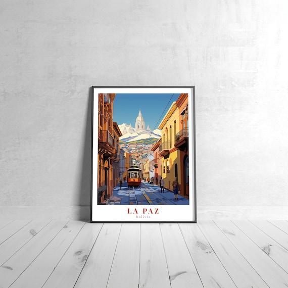 La Paz Bolivia Colonial Street Tram Andes Vintage Travel Poster