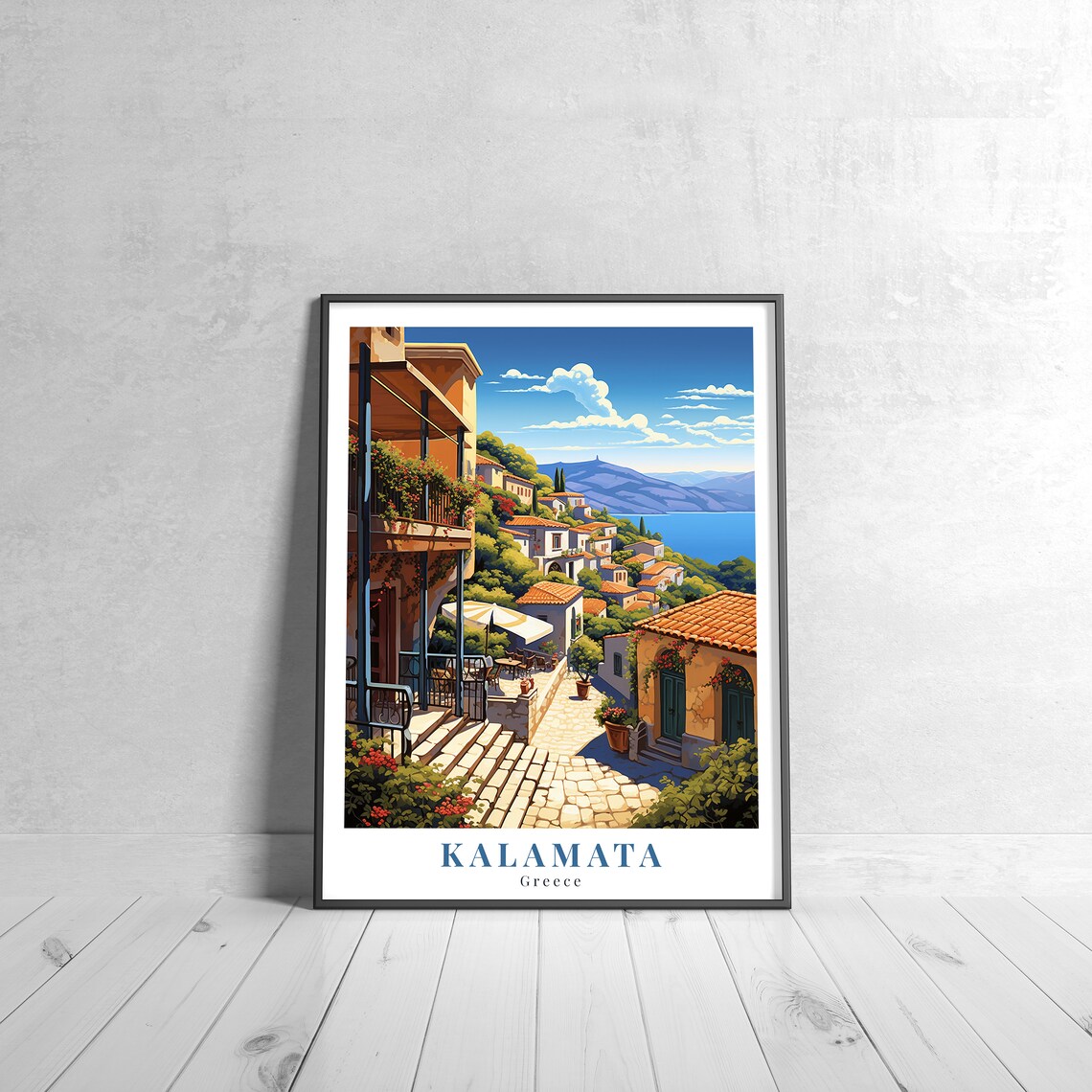 Kalamata Greece Vintage Retro Seaside Hillside Town Travel Poster