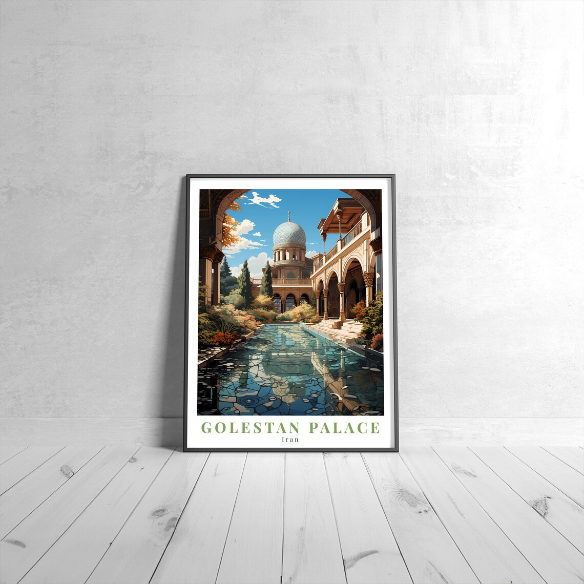 Golestan Palace Iran Vintage Travel Poster of Palace and Reflecting Pool
