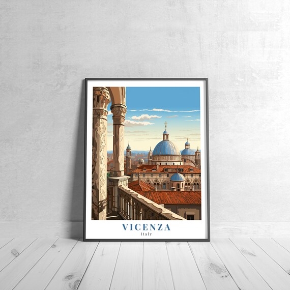 Vicenza Italy Blue Domed Basilica Historic City Vintage Travel Poster