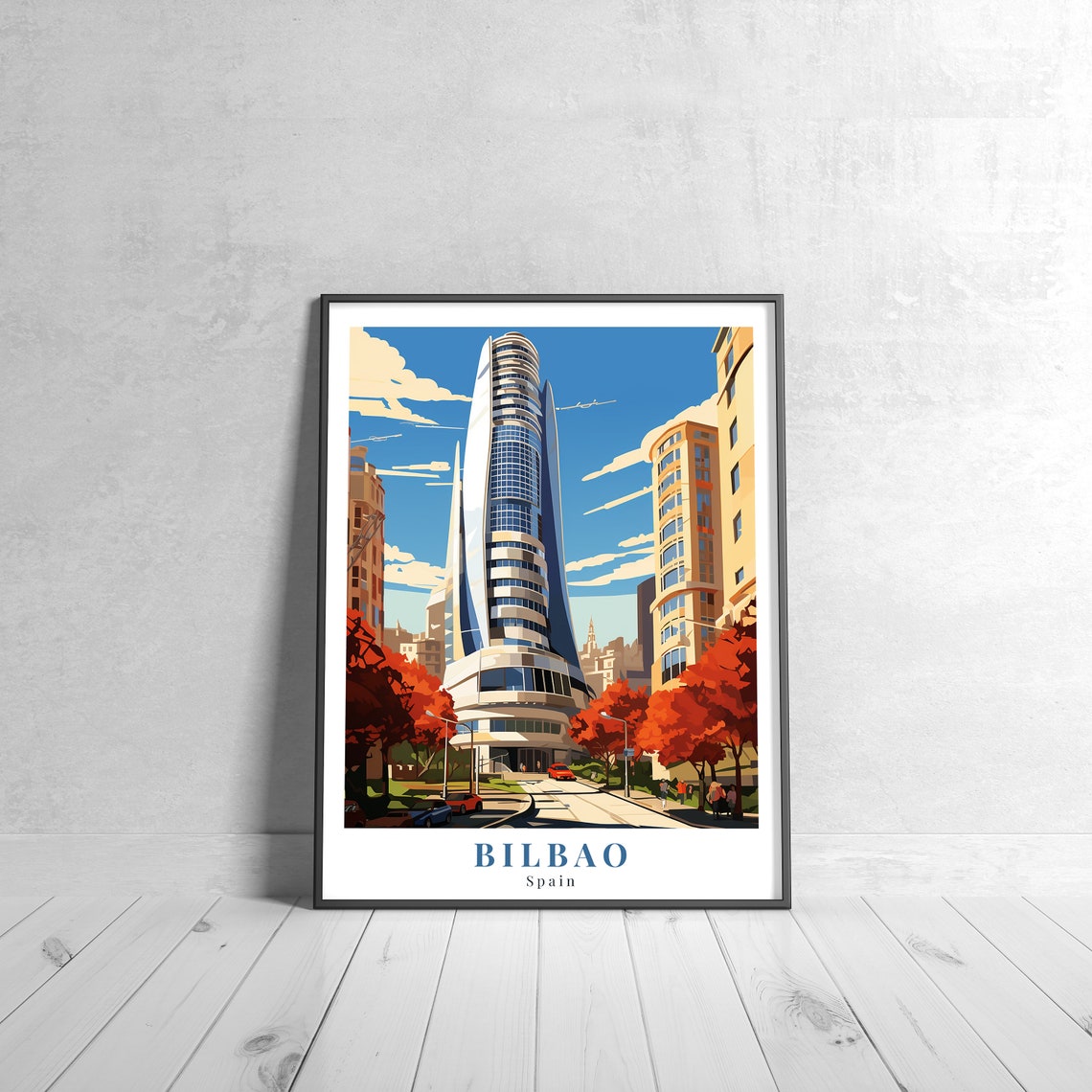 Bilbao Spain Modern Skyscraper Autumn Street Vintage Travel Poster