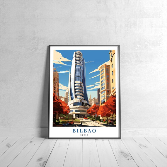 Bilbao Spain Modern Skyscraper Autumn Street Vintage Travel Poster