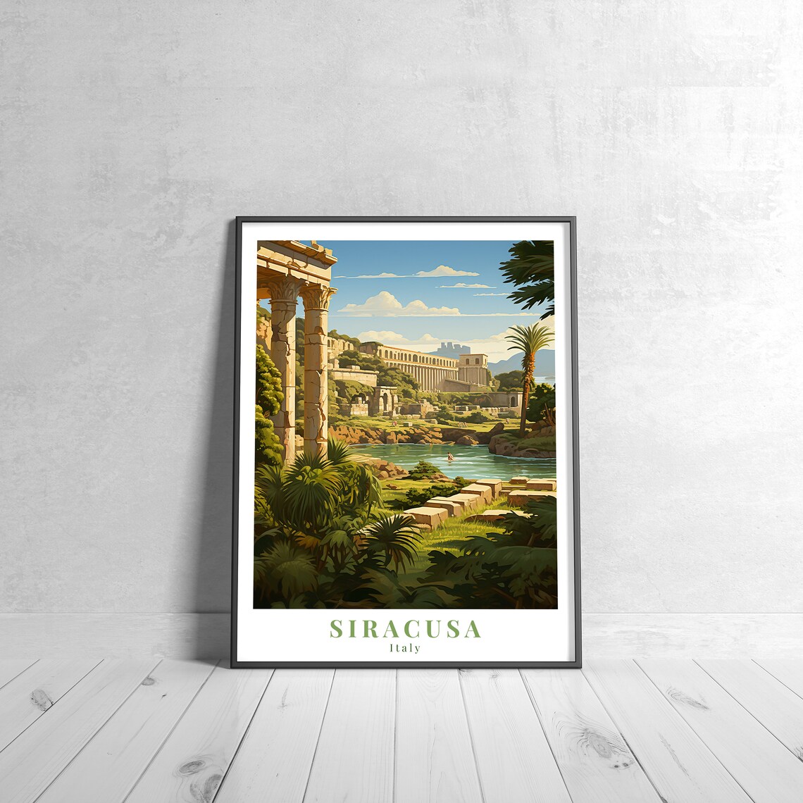 Siracusa Italy Ancient Greek Ruins Riverside Vintage Travel Poster