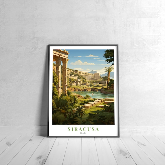 Siracusa Italy Ancient Greek Ruins Riverside Vintage Travel Poster