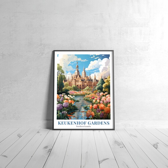 Keukenhof Gardens Netherlands Vintage Travel Poster Tulip Canal Castle
