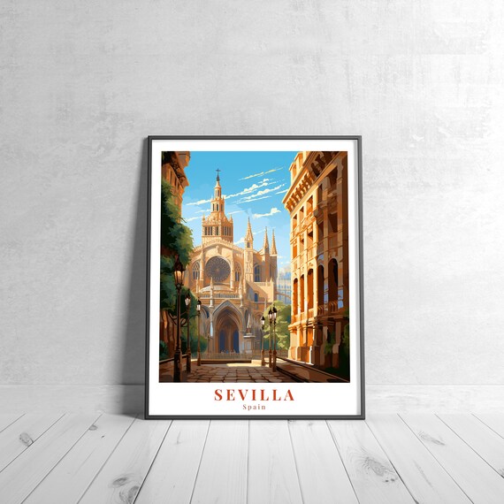 Sevilla Spain Vintage Retro Travel Cathedral Giralda Tower Street Poster