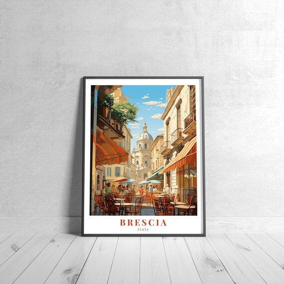 Brescia Italy Historic Café Street With Grand Dome Classic Travel Poster