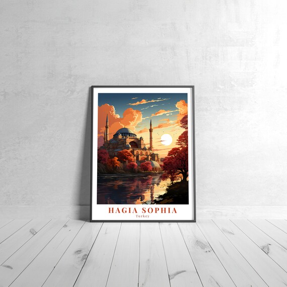 Hagia Sophia Turkey Vintage Travel Poster Istanbul Mosque Sunset Art