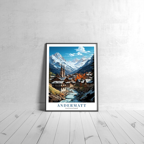 Andermatt Switzerland Alpine Village River Mountain Winter Travel Poster