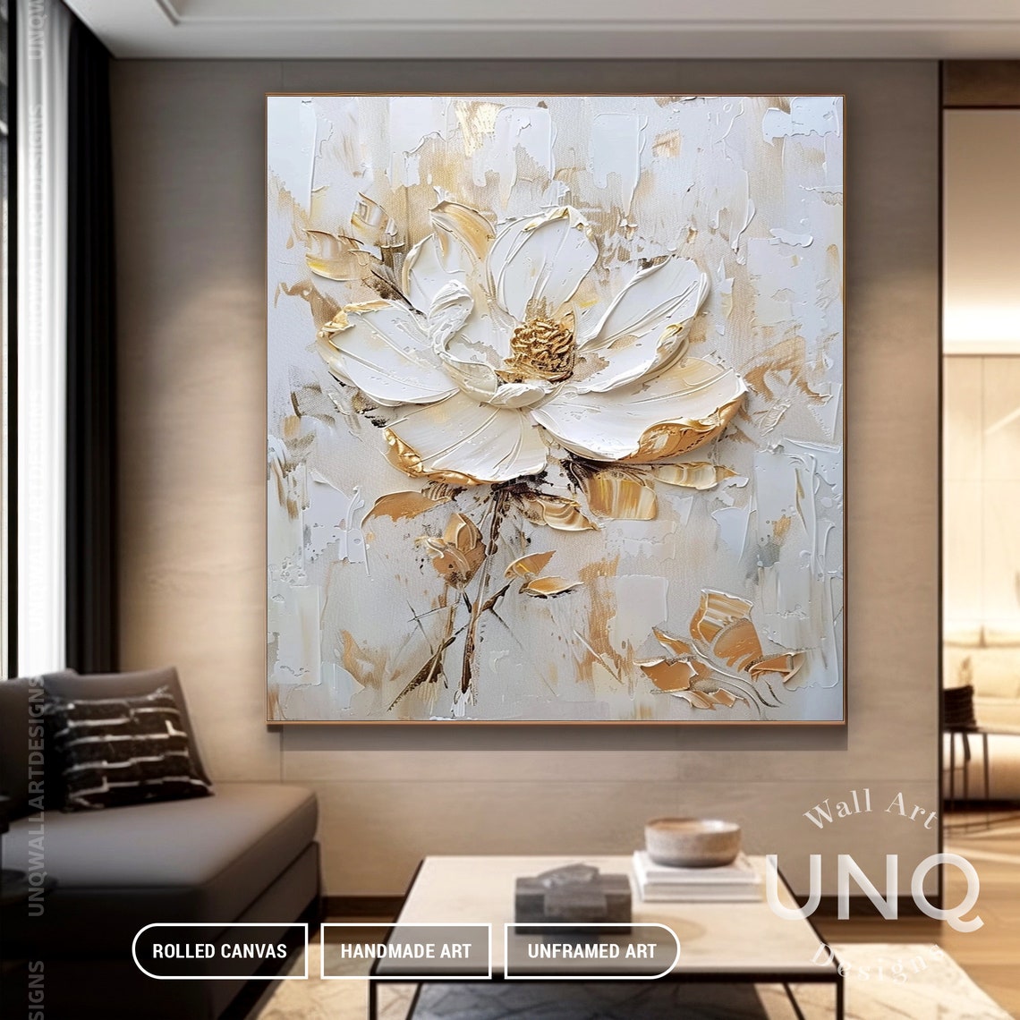 White And Gold Impasto Flower On Pale Grey Modern Floral Art Poster - Image 6