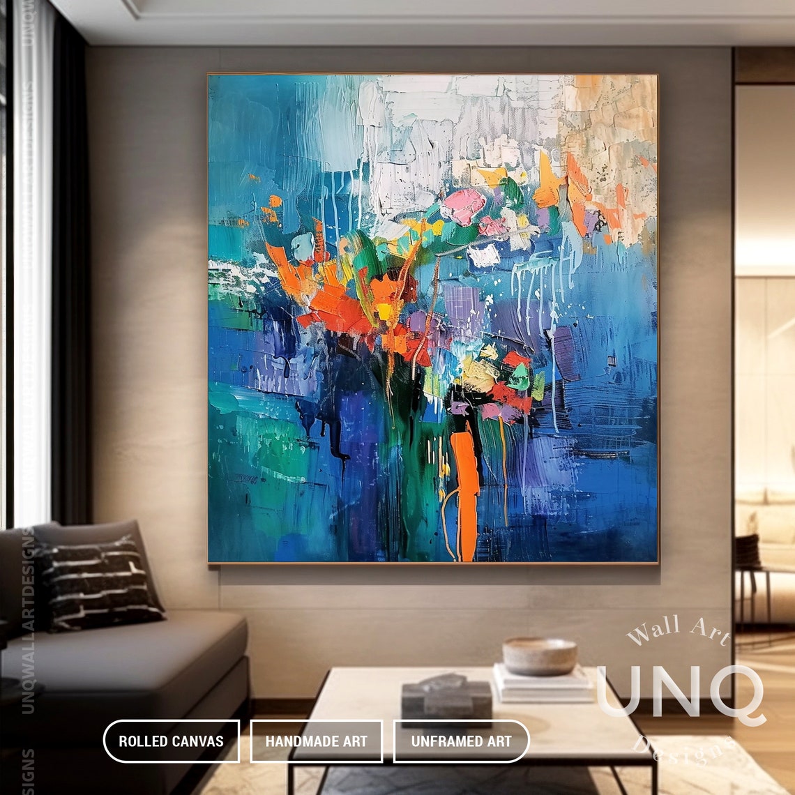 Orange Red Bouquet On Blue Vase Abstract Modern Floral Art Poster - Image 2