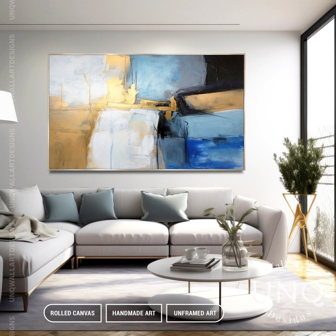 Gold And Blue Geometric Abstract Painting Modern Square Decor Poster - Image 6