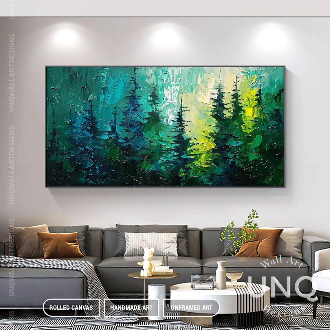 Green Pine Forest Palette Knife Trees Modern Nature Painting Poster - Image 4