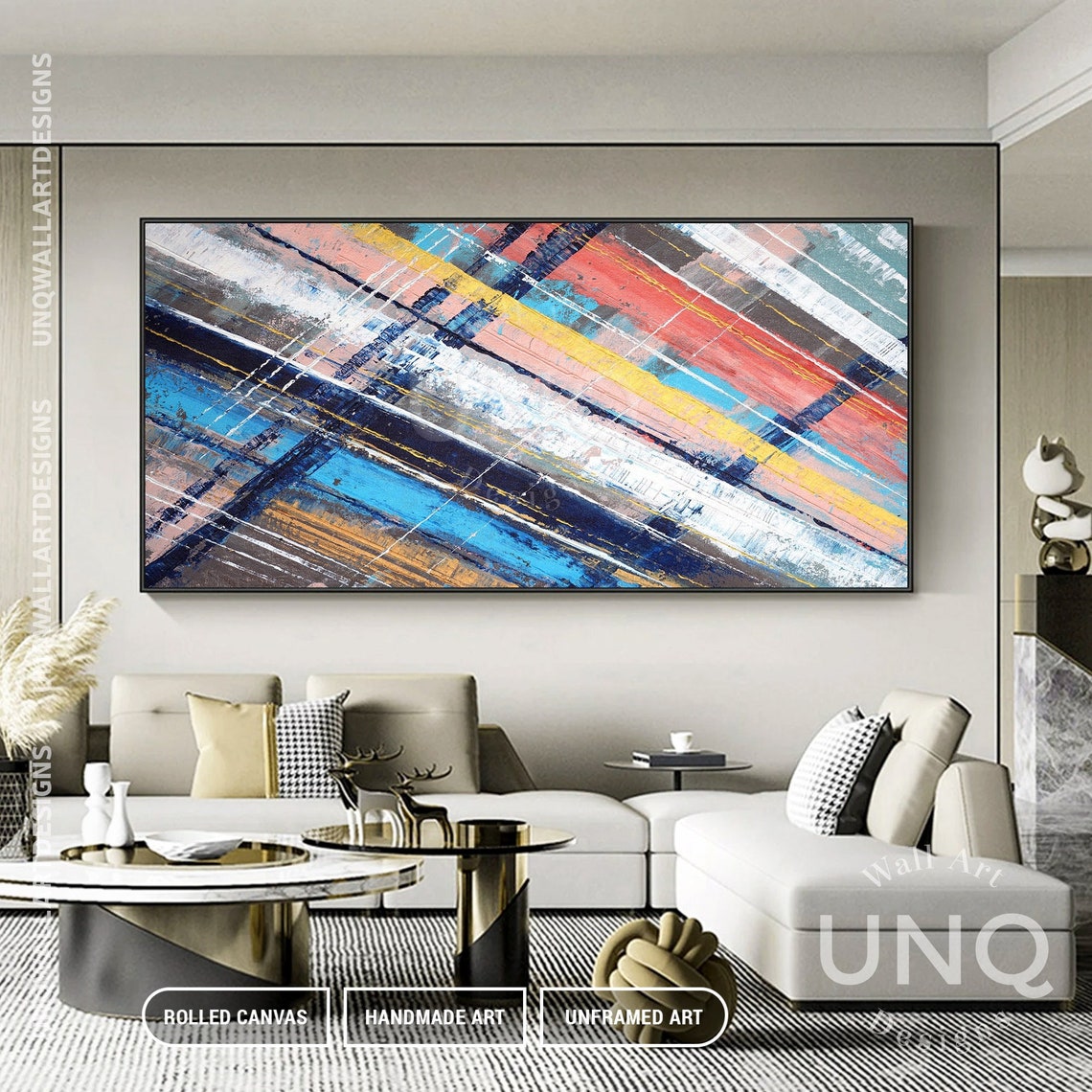 Multicolor Diagonal Stripes Blue Yellow Red Modern Abstract Art Poster - Image 5