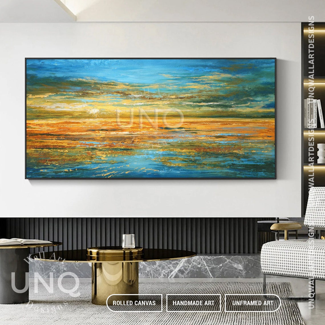 Golden Sunset Over Ocean Panoramic Impasto Seascape Painting Poster - Image 4