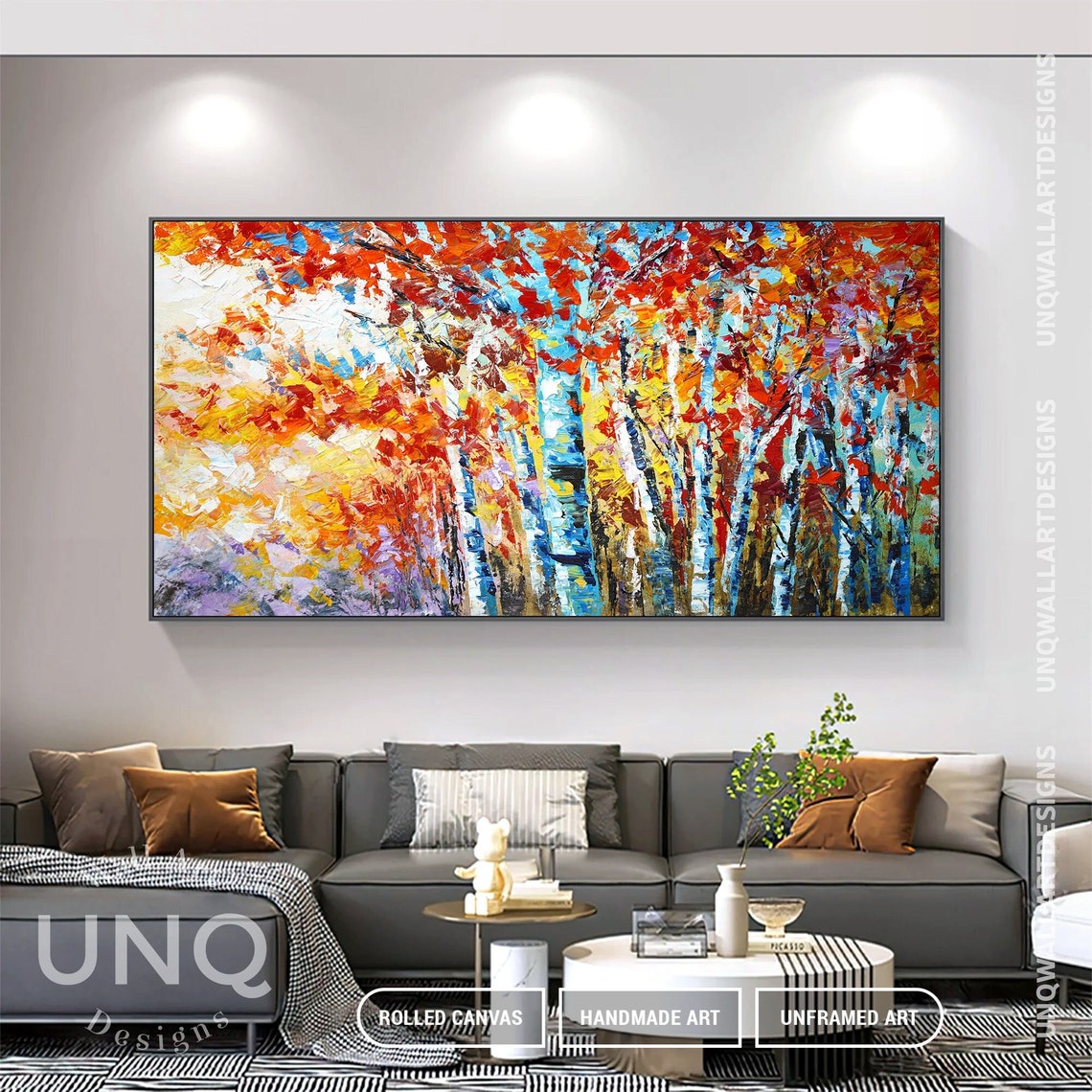 Autumn Birch Tree Forest Palette Knife Painting Red Orange Poster - Image 7