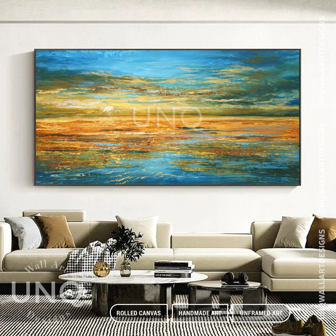 Golden Sunset Over Ocean Panoramic Impasto Seascape Painting Poster - Image 2
