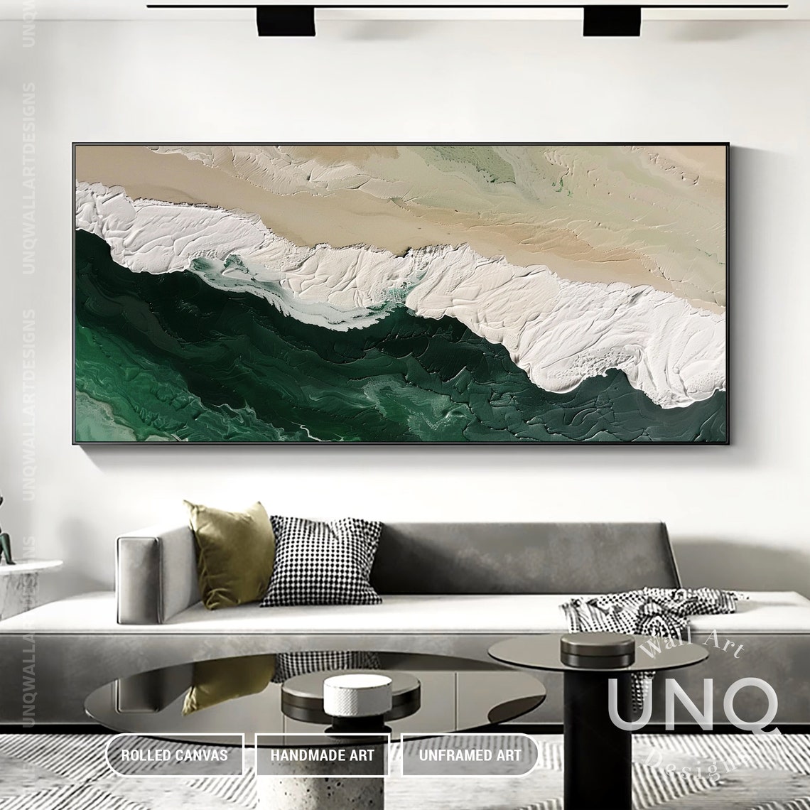 Emerald Green And Beige Abstract Sea Waves Heavy Impasto Art Poster - Image 7