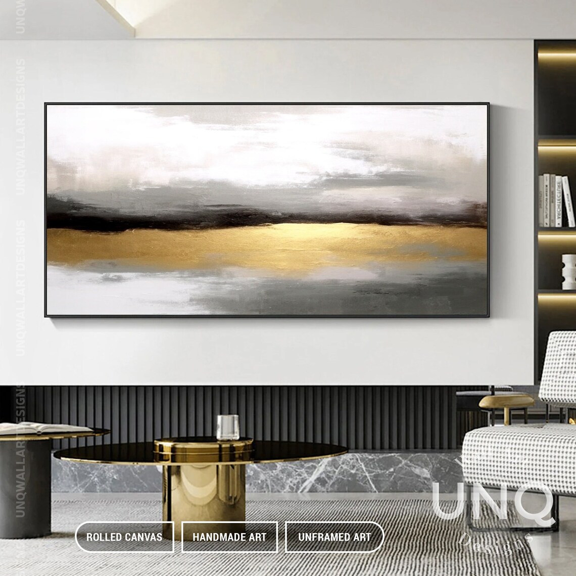 Grey And Gold Abstract Painting Misty Horizon Band Minimalist Poster - Image 6
