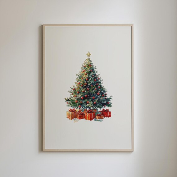 Watercolor Christmas Tree Red Ornaments Gift Boxes Holiday Poster