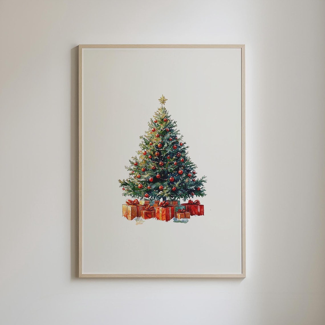 Watercolor Christmas Tree Red Ornaments Gift Boxes Holiday Poster