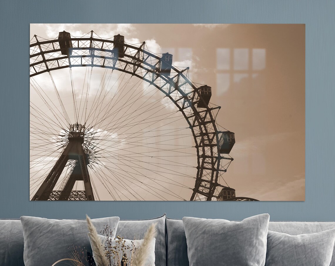 Vintage Sepia Ferris Wheel Skyline Carnival Photography Poster