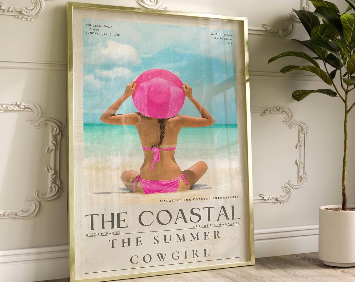 Coastal Cowgirl Newspaper Wall Art Vintage Magazine Cover Print Coastal Life Summer Cowgirl Art Chic Beach Poster Dorm Room Decor