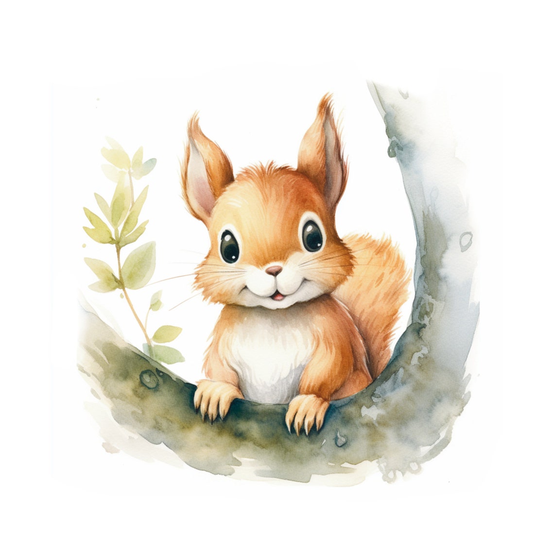 Adorable Red Squirrel Watercolor Curved Tree Branch Nursery Poster