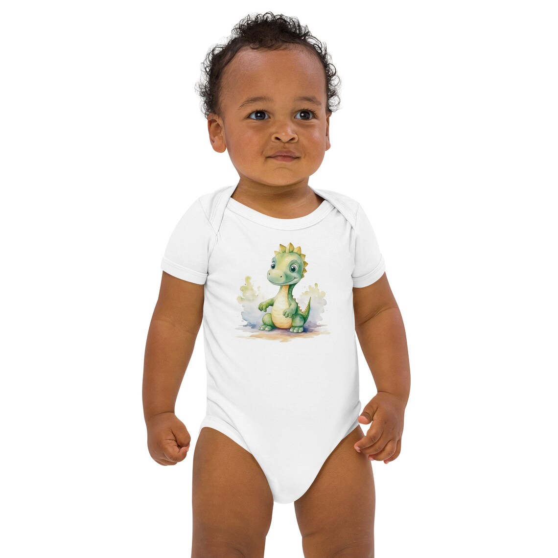 Baby Dinosaur Watercolor Design Shown On White Baby Onesie Print - Image 5