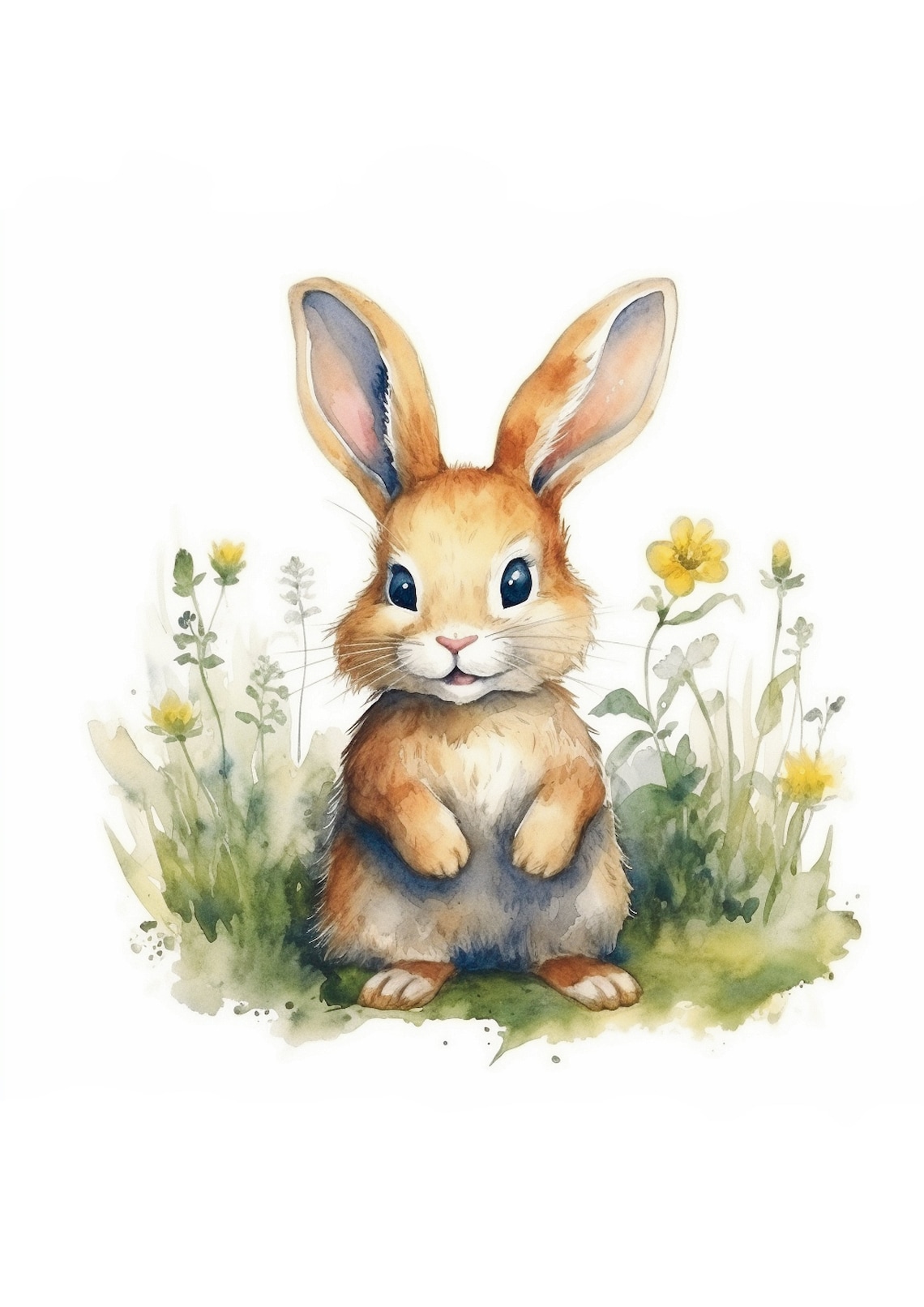 Happy Baby Rabbit Watercolor Meadow Flowers Nursery Wall Art - Image 3