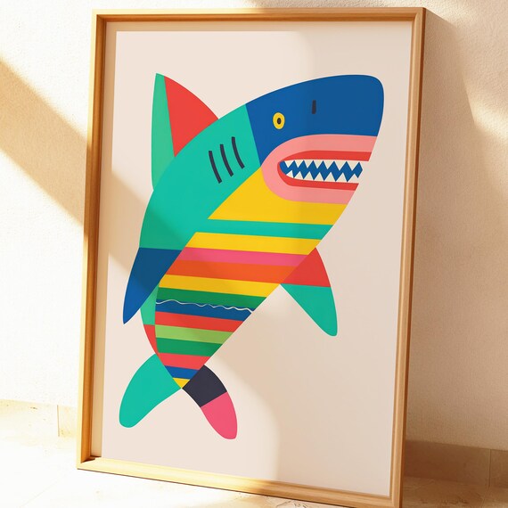 Rainbow Geometric Shark Colorful Kids Room Playful Art Poster