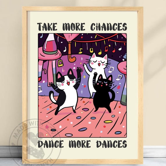 Retro Dancing Cats Wall Print Vintage Cat Illustration Trendy Posters Cute Prints Positive Poster Motivational Art Chances