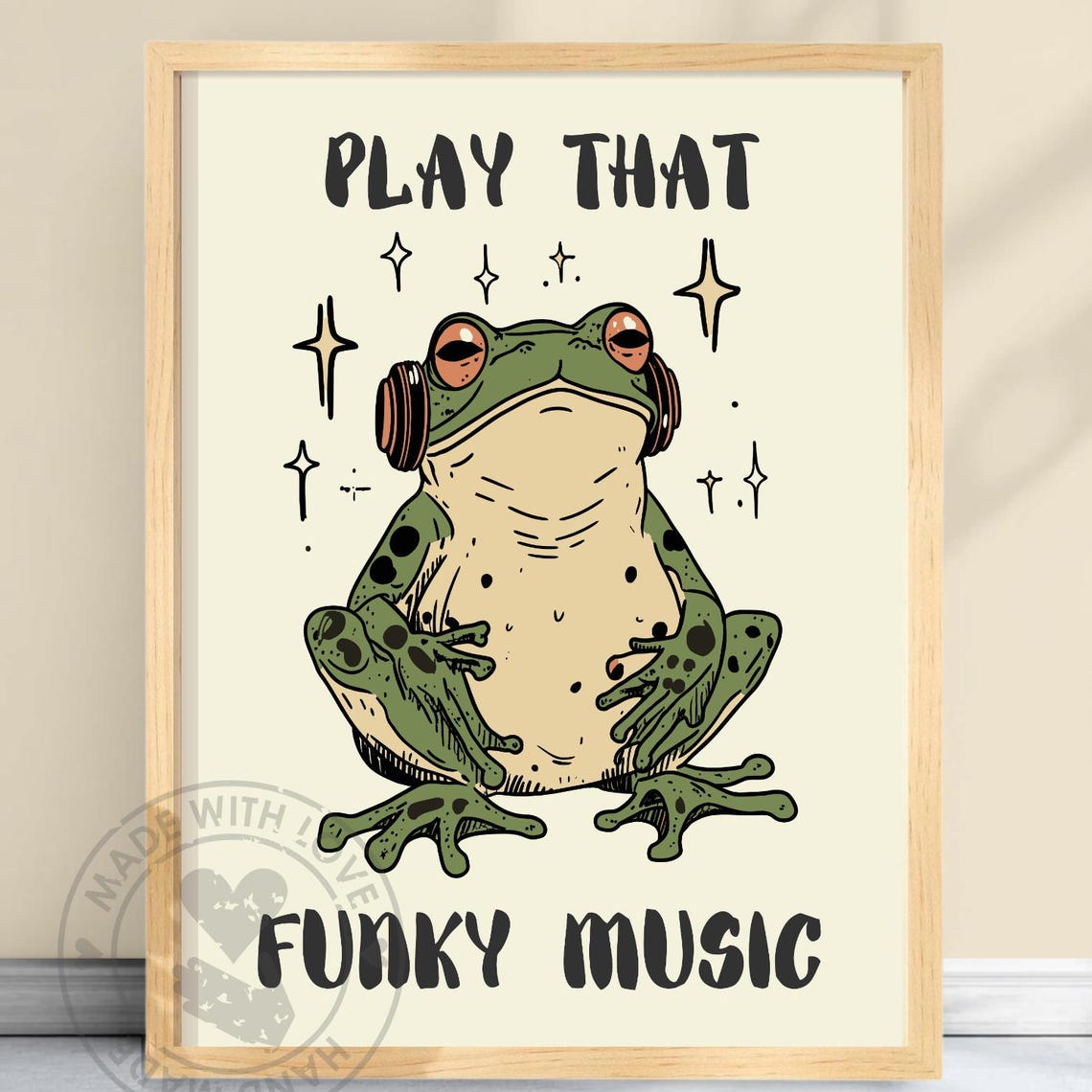 Play That Funky Music Cool Frog Wearing Headphones Retro Poster
