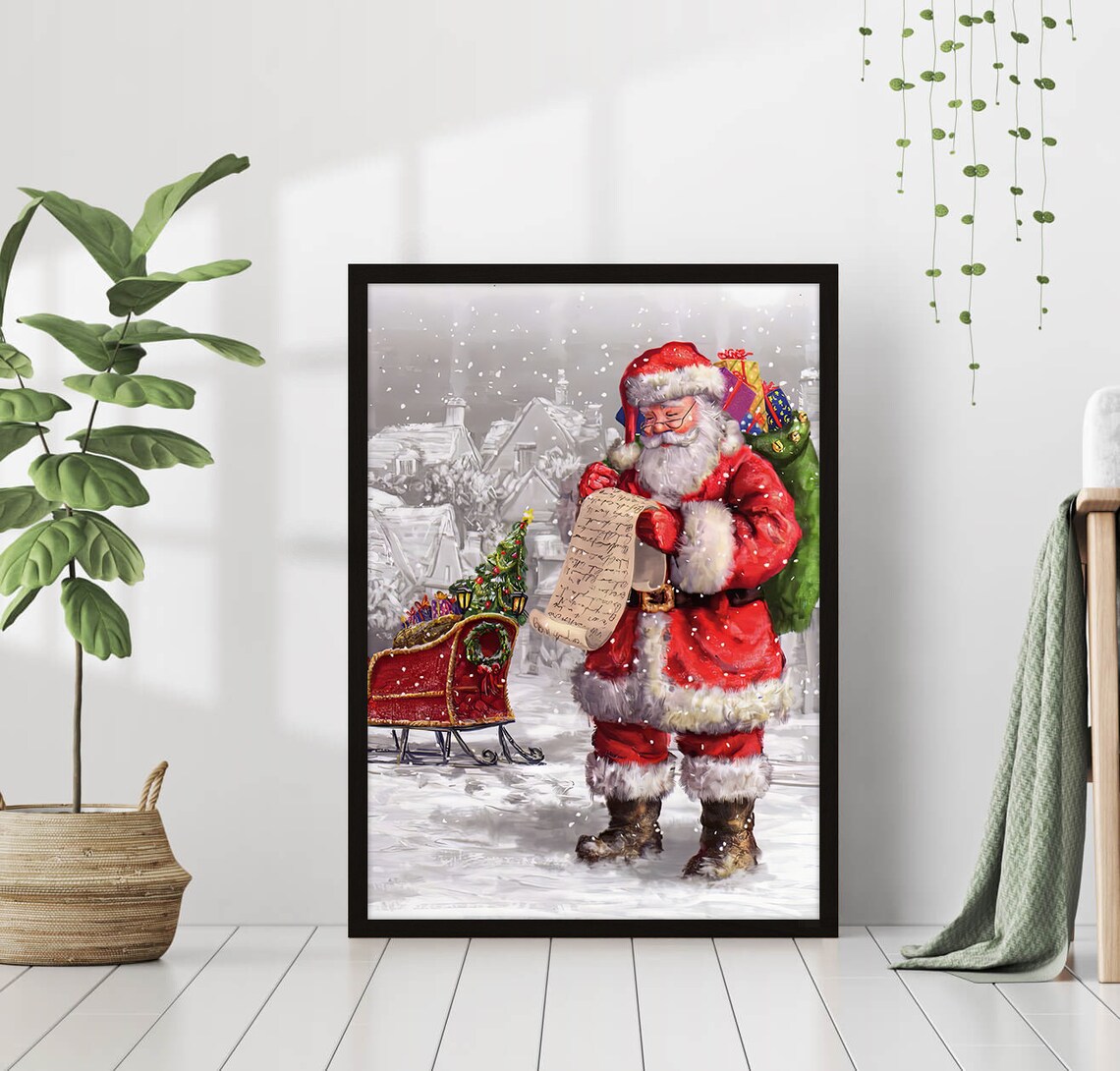 Santa Claus Christmas List Snowy Village Gift Sleigh Art Print - Image 2