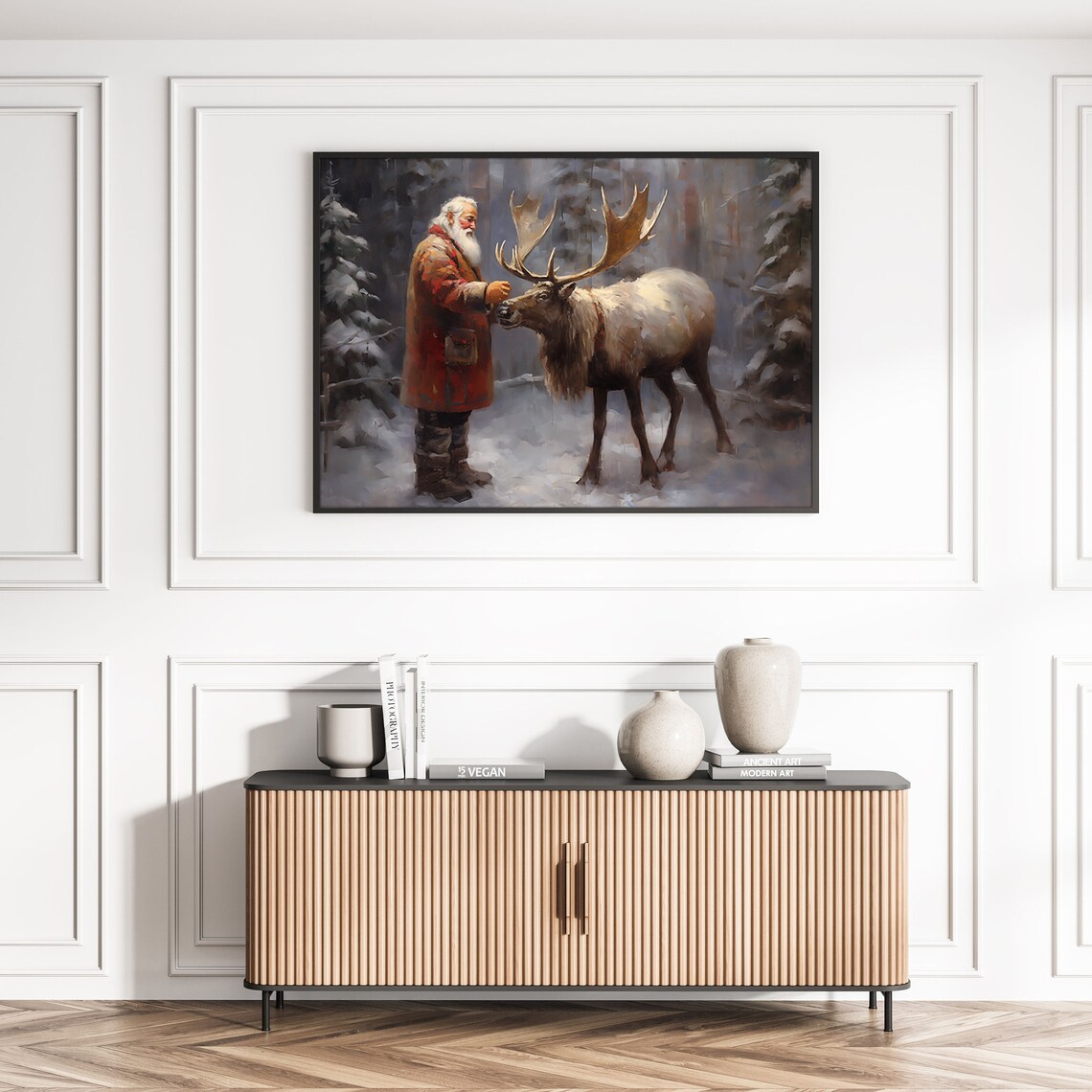 Santa Claus Feeding Reindeer Snowy Forest Vintage Oil Painting Print - Image 2
