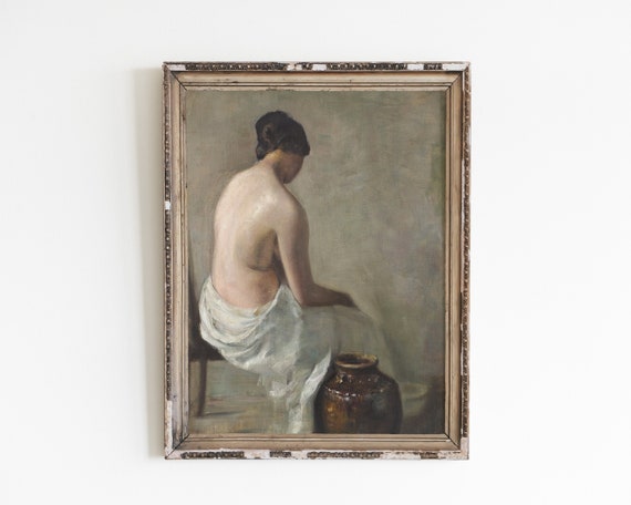 Vintage Nude Woman Portrait, Antique Oil Style Art Print