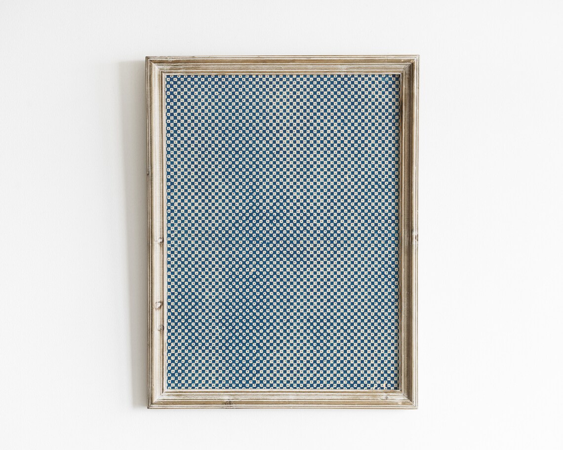 Vintage Blue Checker Pattern Art Print, Boho Decor