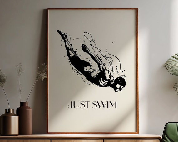 Minimalist Black Line Art Print Just Swim For Swimmer Home Inspirational Wall Art I Modern Scandinavian Style Swimming Poster I Swimmer Gift