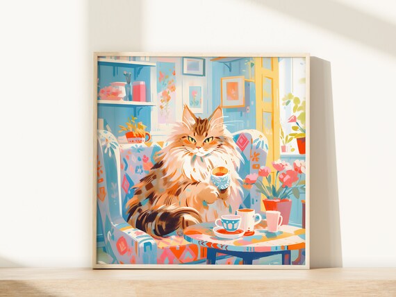 Maine Coon Cat Enjoying Tea in a Colorful Vintage Kitchen Poster
