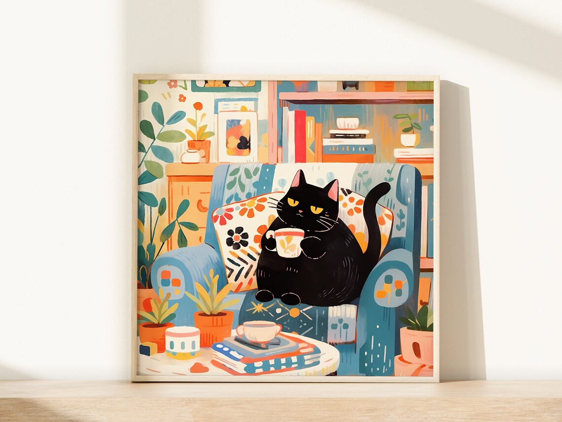 Charming Black Cat Holding Floral Cup in a Blue Armchair Poster