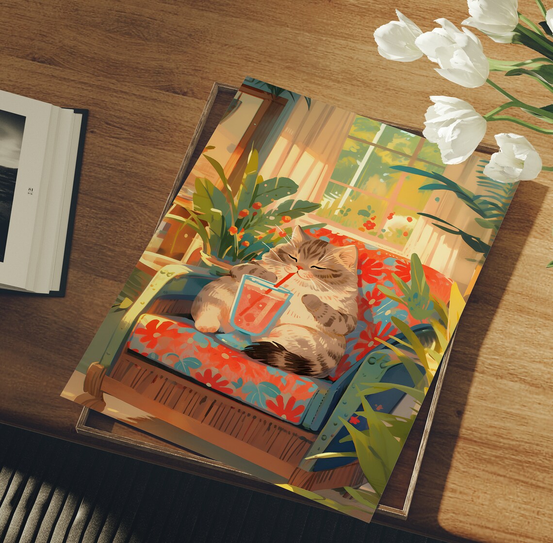 Lovely Blue Tabby Cat Art Print, Cocktail Cat Gift - Image 3