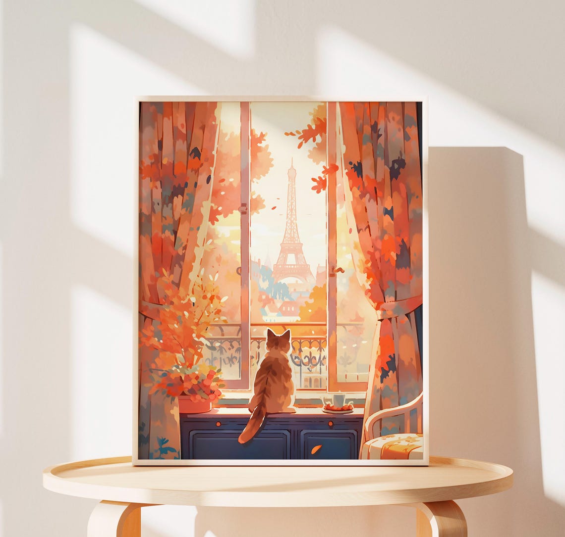 Tabby Cat Gazing at the Eiffel Tower from a Paris Window Poster