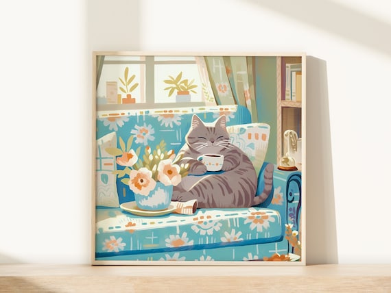 Calm Grey Tabby Cat with Coffee Cup on Blue Floral Sofa Poster