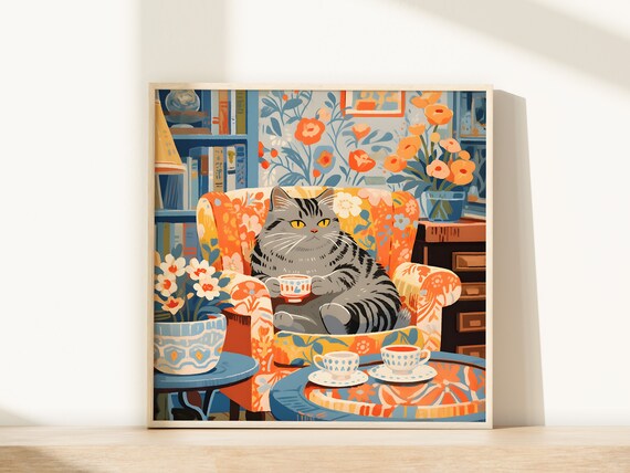 Grey Tabby Cat with Tea in a Floral Armchair Cozy Art Poster