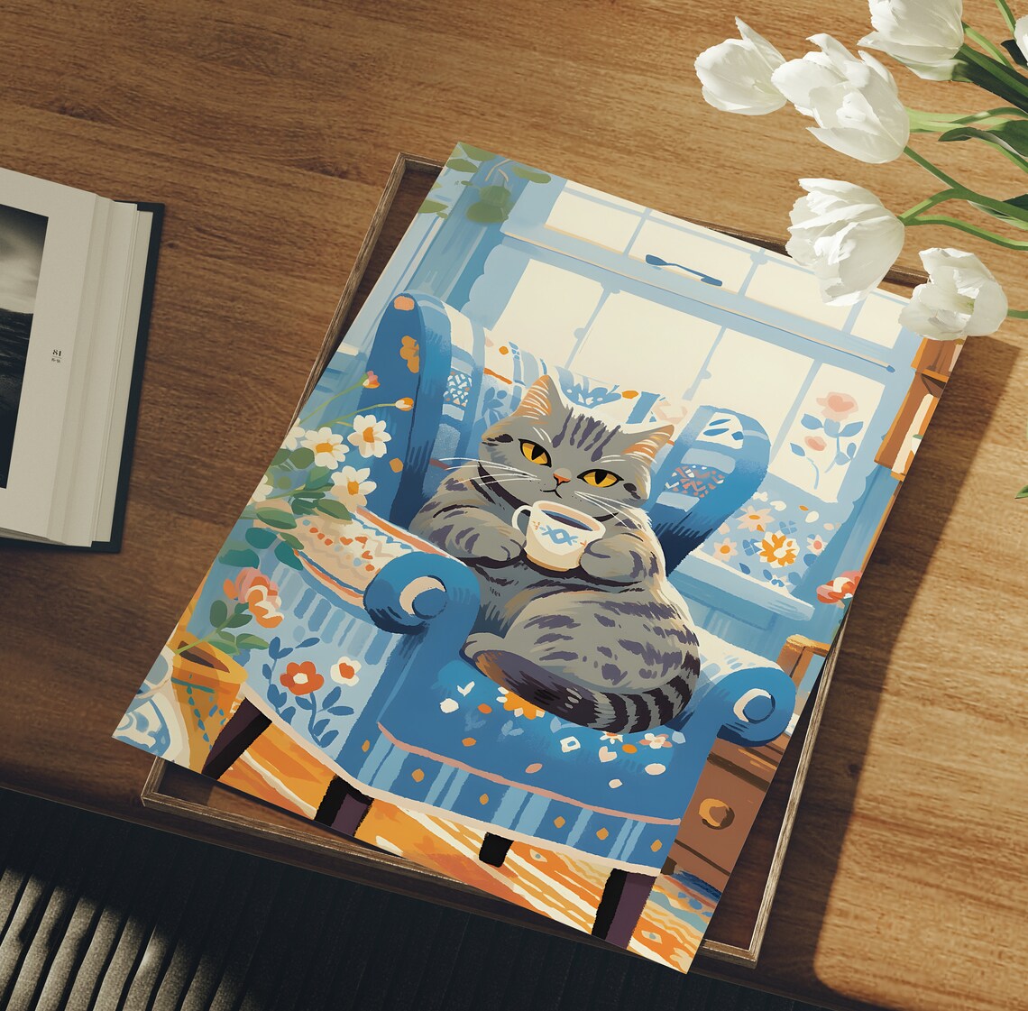 Grey Tabby Scottish Straight Cat Coffee Art Print - Image 3