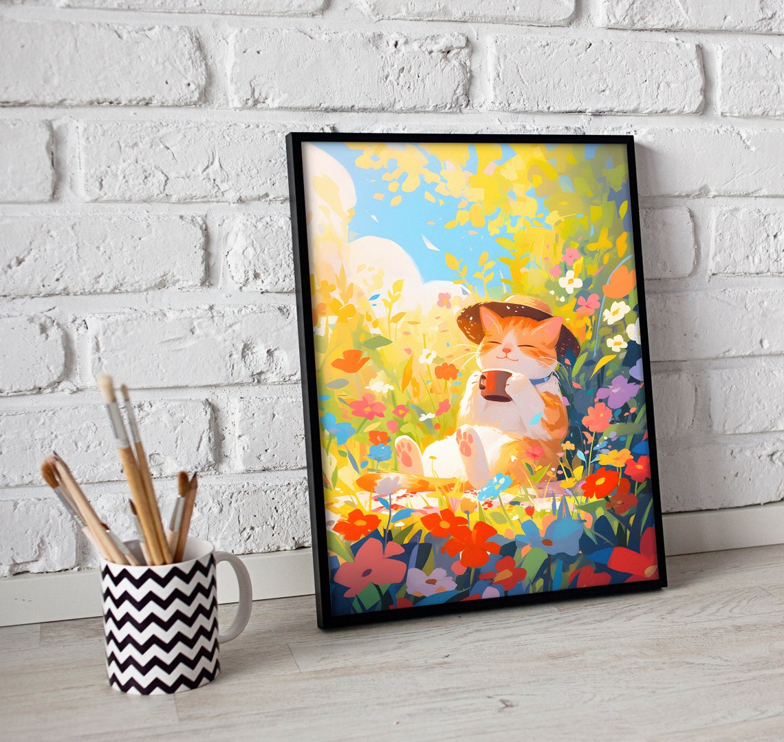 Ginger Cat Sipping Tea in a Sunny Flower-Filled Meadow Poster - Image 3