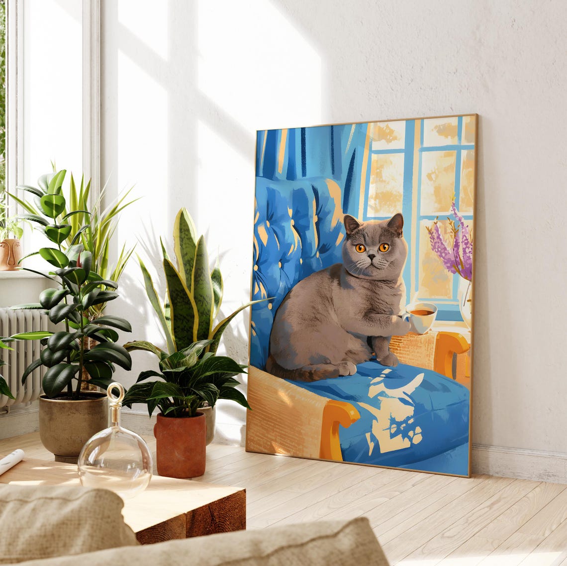 British Shorthair Cat with Teacup on a Blue Tufted Sofa Poster - Image 3