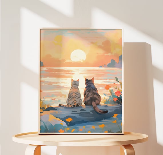 Lovely Cat Couple, Sunset Sea Art Print